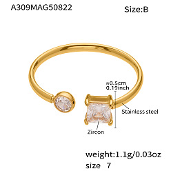 Квадрат 304 Открытые кольца-манжеты из нержавеющей стали с инкрустацией прозрачными кубическими циркониями, золотые, квадратный, размер США 7 (17.3 мм)