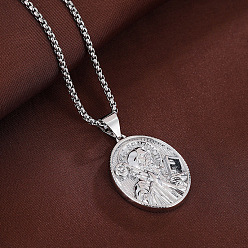 Silver Religion Brass Emboss Saint Oval Medal Pendant Necklaces for Men Women, Silver, 23.62 inch(60cm)