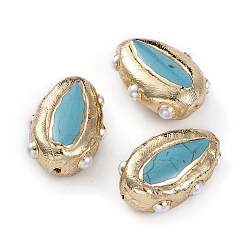 Говлит Бусины из природных Говлит, окрашенная и подогревом, с позолоченными краями из латуни и жемчужными бусинами, слеза, 32~35x19~21.5x11~13 мм, отверстие : 1 мм