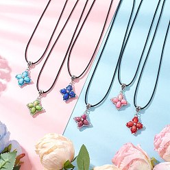 (52) Непрозрачная лаванда Звезда с подвеской из окрашенной синтетической императорской яшмы и стеклянных бусин, ожерелья из черного вощеного хлопкового шнура, античное серебро, разноцветные, 17.80 дюйм (45.2 см)