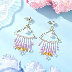 Pink Треугольные стеклянные серьги-люстры, с цилиндрическими бусинами и фурнитурой для сережек-гвоздиков из нержавеющей стали, золотые, розовые, 77.5x41 мм