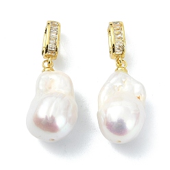 Золотой Подвески из натурального барочного жемчуга кеши и жемчуга Эдисона, Овальные подвески с латунными микропаве из прозрачных кубических цирконий в качестве застежек., белые, золотые, 20 мм, отверстие : 6.5x3.5 мм