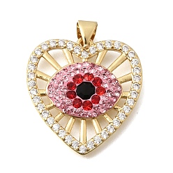 Pink Латунные микро проложить кубического циркония подвески, обереги от сглаза в виде сердца, со стразами и полимером, без кадмия и без свинца, реальный 18 k позолоченный, стойки покрытие, долговечный, розовые, 23.5x22.5x4 мм, отверстие : 3.5x4 мм