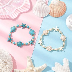 (52) Непрозрачная лаванда 2шт. браслеты из синтетических бирюзовых бусин в виде черепахи и морской звезды для мужчин и женщин, с Гальваническим немагнитных синтетическими гематита бисера, разноцветные, внутренний диаметр: 2 дюйм (5 см)