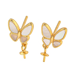Real 18K Gold Plated 925 Sterling Silver Stud Earrings Findings, with Shell Butterfly, Real 18K Gold Plated, 14x8mm, Pin: 1x11mm