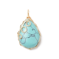 Synthetic Turquoise Synthetic Turquoise Dyed Copper Wire Wrapped Pendants, Teardrop Charms, Golden, 33x20x19mm, Hole: 3.5x3mm