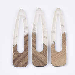 Silver Resin & Walnut Wood Big Pendants, with Silver Foil, Snap Hair Clip Shape, Silver, 66~66.5x17x3~3.5mm, Hole: 1.5mm