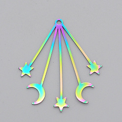 Rainbow Color Ion Plating(IP) 201 Stainless Steel Pendants, Laser Cut, Moon with Star, Rainbow Color, 41x34.5x1mm, Hole: 1.8mm