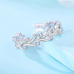 Серебро 925 кольца манжеты из серебра микропаве фианит, лист, регулируемый, с печатью s925, серебряные, размер США 8 (18.1 мм)