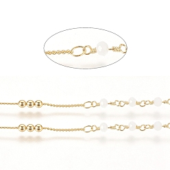 White Brass Handmade Beaded Chain, Curb Chains, with Faceted Glass Bead, Long-Lasting Plated, Real 18K Gold Plated, Unwelded, with Spool, White, 10x3mm, 45x2.8mm, about 32.8 Feet(10m)/roll