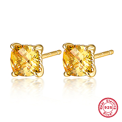 Gold Real 18K Gold Plated 925 Sterling Silver Stud Earrings, with Square Cubic Zirconia, with 925 Stamp, Gold, 7x7mm