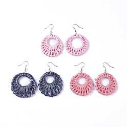 Mixed Color Dangle Earrings, with Handmade Reed Cane/Rattan Woven Beads and Brass Hook, Flat Round, Mixed Color, 64~67mm, Pendant: 41~44.5x37.2~45x4~5.3mm, Pin: 0.6mm