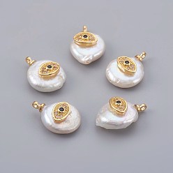 Настоящее золото 18K Подвески из натурального пресноводного жемчуга, с кубического циркония и латуни выводов, долговечный, лошадиный глаз , реальный 18 k позолоченный, 14~21x9~16x5~9 мм, отверстие : 1.5 мм