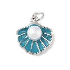 Стально-синий Латунь эмаль подвески, подвески в форме ракушки с бусинами из искусственного жемчуга и соединительными кольцами, стойки покрытие, без кадмия и без свинца, долговечный, платина, стальной синий, 16.5x14.5x6.5 мм, отверстие : 3.5 мм