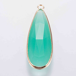 Medium Turquoise Glass Pendants, with Brass Finding, Faceted, teardrop, Golden, Medium Turquoise, 43x14x5.5mm, Hole: 2mm