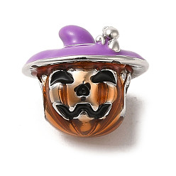 Platin Farbe Halloween Messing Emaille europäische Perlen, Großloch perlen, Kürbis, Platin Farbe, 13.5x12 mm, Bohrung: 4 mm