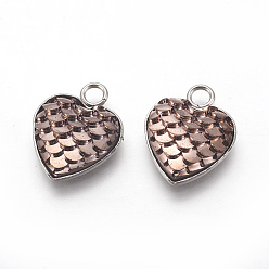 Розово-Коричневый 304 подвески из нержавеющей стали, cmолой, сердце в форме рыбьей чешуи, цвет нержавеющей стали, розово-коричневый, 16x13x3.5 мм, отверстие : 2 мм