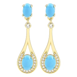 Настоящее золото 18K Серьги-гвоздики из латуни с покрытием в форме капли для женщин, прозрачные серьги-гвоздики с кубическим цирконием, долговечный, без свинца и без кадмия, глубокое синее небо, реальный 18 k позолоченный, 32x9 мм