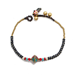 Черный Браслеты на лодыжку из сплава rondelle и окрашенной синтетической бирюзы heishi с плетением и бусинами, регулируемые для женщин, античная бронза, чёрные, 9-1/2 дюйм (240 мм)