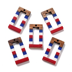 Rectangle Подвески из непрозрачной полосатой смолы и дерева ореха в честь Дня независимости, полые геометрические прелести, прямоугольные, 28.2x14.7x3.5 мм, отверстие : 1.8 мм