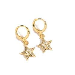 Звезда Серьги с застежкой-молнией из золотистой латуни с микропаве из прозрачных кубических цирконий, с эмалью, золотые, звезда, 28x12 мм