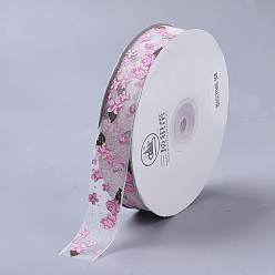 Azure Flower Pattern Printed Polyester Organza Ribbons, Azure, 1 inch(25mm), about 100yards/roll