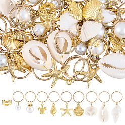 Золотой 60шт 10 стиль сплав и ракушка и акриловые жемчужные дреды декоративные, с железными кольцами для прыжков и железными манжетами для волос, золотые, 27~43 мм