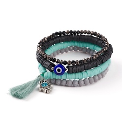 Mixed Color 4Pcs 4 Styles Stretch Bracelets Sets, Stackable Bracelets, with Polymer Clay Heishi Beads, Glass Beads, Evil Eye Lampwork Beads and Cotton Tassels, Antique Silver, Mixed Color, Inner Diameter: 2~2-1/4 inch(5~5.7cm), 1pc/style