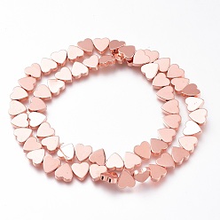 Гальванический Розовый Золотой Немагнитные синтетический гематит бисер пряди, гальваническое покрытие (сохранение цвета 1 год), сердце, покрытием из розового золота, 8x8x2 мм, отверстие : 1 мм, около 50 шт / нитка, 16.54 дюйм (42 см)