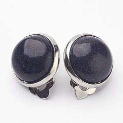 Полуночно-синий Синтетический синий золотой камень латунь зажим серьги, плоско-круглые, темно-синий, 14x10 мм