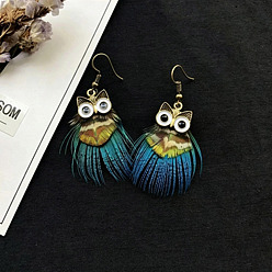 Turquesa Oscura Pendientes colgantes de aleación de esmalte para mujer, búho, con la pluma, turquesa oscuro, 45x35 mm