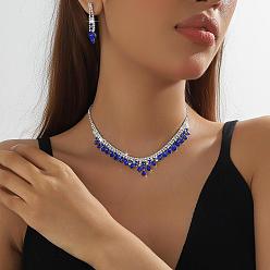 Капри Синий Наборы из колье и сережек-гвоздиков в форме капли со стразами из сплава, Капри синий, колье: 12.20 дюйм (31 см)