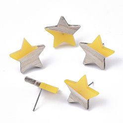 Yellow Resin & Wood Stud Earrings, with 304 Stainless Steel Pin, Star, Yellow, 17x18mm, Pin: 0.7mm