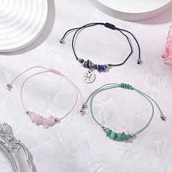 Рыбы 3шт созвездия регулируемые нейлоновые шнуры плетеные браслеты из бусин для женщин и мужчин, с бусинами из натурального розового кварца, натурального зеленого авантюрина и натурального лазурита, Рыбы, внутренний диаметр: 3-3/8 дюйм (8.5 см)