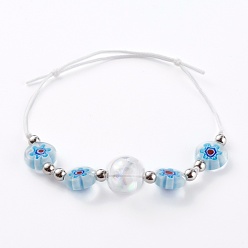 White Adjustable Handmade Millefiori Glass Beaded Bracelets, with Glass Globe Beads, Nylon Thread and Brass Beads, Platinum, White, Inner Diameter: 2 inch(5cm)