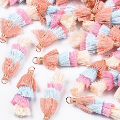 Rose Chaud Polycoton (polyester coton) pompon en couches grandes décorations pendantes, avec les accessoires en fer, or, rose chaud, 48~55x12~15mm, Trou: 2.5x4.5mm
