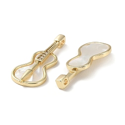 Настоящее золото 18K Подвески для музыкальных инструментов из натуральной белой ракушки, подвески для гитары из латуни с микропаве и прозрачным цирконием, реальный 18 k позолоченный, 22.5x10x3 мм, отверстие : 1 мм