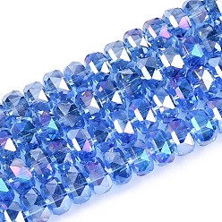 Королевский синий Гальванизируйте прозрачное стекло бисер нитей, рондель, граненые, с покрытием AB цвета, королевский синий, 7.5~8x4.5~5.5 мм, отверстие : 1.2~1.4 мм, около 34~37 шт / нитка, 7.09~7.28 дюйм (18~18.5 см)