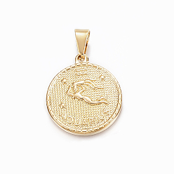Aquarius Real 18K Gold Plated 304 Stainless Steel Pendants, Flat Round with Twelve Constellation/Zodiac Sign, Aquarius, 29x25x3.2mm, Hole: 9x4.5mm