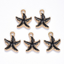 Black Alloy Enamel Pendants, Starfish, Light Gold, Black, 18x15x3mm, Hole: 2.5mm