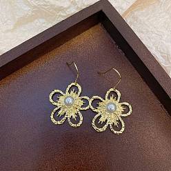 Golden Alloy Dangle Earrings for Women, Flower, with Imitation Pearl, Golden, 35mm