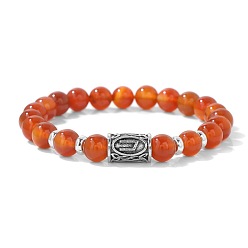 Carnelian Alloy Nordic Viking Runes 8MM Natural Carnelian Round Beaded Stretch Bracelets, Antique Silver, 7.48 inch(19cm)