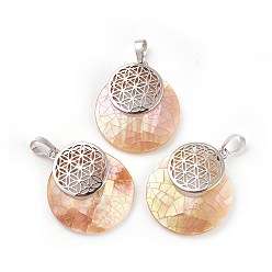 Розовая Раковина Натуральные розовые подвески, духовные чары, с латунной фурнитурой платинового цвета, плоский круг с цветком жизни / сакральной геометрией, 32~32.5x28x7~7.5 мм, отверстие : 5x8 мм