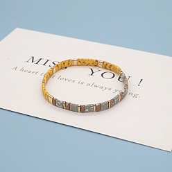 Темно-Серый Эластичные браслеты из стеклянного бисера и латунных бусин для женщин, прямоугольные, темно-серый, 6.50 дюйм (16.5 см)