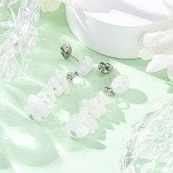 Хрусталь Натуральный кристалл кварца свисающие серьги, с 304 фурнитурой для сережек-гвоздиков из нержавеющей стали для женщин, плоский круглый с чипом, 36~37x8~10 мм