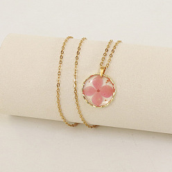 Pink Ожерелья с плоским круглым кулоном из сплава и пластика с внутренним цветком, золотые, розовые, 17.72 дюйм (45 см)