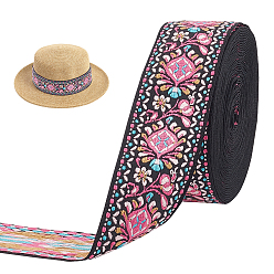Ярко-Розовый Плоская вышивка цветочные полиэстеровые ленты, жаккардовая лента, аксессуары для одежды, ярко-розовый, 1-7/8 дюйм (49 мм)