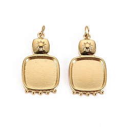 Настоящее золото 14K 304 Настройки кабошон из нержавеющей стали кулон, с прыжковых колец, квадратный, реальный 14 k позолоченный, лоток : 10x10 мм, 21x12x2 мм, Перейти кольцо: 3.8x0.5 мм, 2.8 мм внутренним диаметром