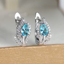 Светло-Голубой Латунные микро проложить серьги обруча кубического циркония, слеза, платина, Небесно-голубой, 16x7 мм