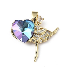 Alice Blue Real 18K Gold Plated Rack Plating Brass Micro Pave Clear Cubic Zirconia Pendants, with Glass, Long-Lasting Plated, Cadmium Free & Lead Free, Dancer with Heart Charm, Alice Blue, 23x24.5x8.2mm, Hole: 5x3.2mm